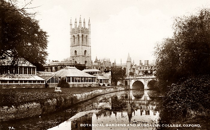 The greenhouses of the Botanic Garden, alongside the River Cherwell, with Magdalen Bridge and the 16th-century tower of Magdalen College (20th century)