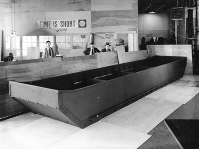 Completed pontoon boat on display, 1942. From the Caufield & Shook Collection, University of Louisville Archives & Special Collections.