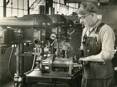 Drill arranged for stake notching in shell machining department, Vogt Machine Company, 1942. Vogt was commissioned to manufacture 105mm and 90mm shells. From the Vogt Machine Company Records, University of Louisville Archives & Special Collections.