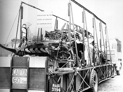 Transport carrying damaged Messerschmidt in Cowley. Oxford. Copyright 'Oxfordshire History Centre'