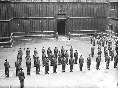 OTC (Officers Training Corps) parade in Schools Quad outside the Bodleian Library. Copyright 'Oxfordshire History Centre'