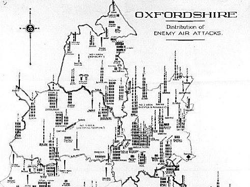Distribution map of bombing in Oxfordshire.  Bombing here was much lighter than in other parts of the country. Copyright 'Oxfordshire History Centre'