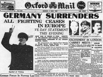 Oxford Mail Newspaper. An Article: Germany Surrenders. 7 may 1945. These images have been provided by Oxford Mail newspaper.