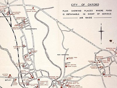 Plan showing places where food is obtainable in event of serious air raids. City of Oxford. Copyright 'Oxfordshire History Centre'