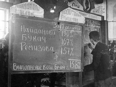 Photos of political propaganda during the Great Patriotic War at the Molotov Plant, 1941-1945. The State Archive of Perm Krai.