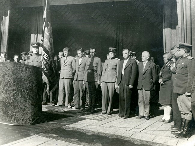 Participants of the official ceremony of handing over to the V.M. Molotov Plant No. 172 the Challenge Red Banner for their contribution to the victory over Germany for eternal storage