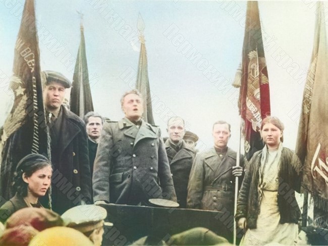 Director of the Kirov Molotov Plant No. 98, D.G. Bidinsky, speaks at a rally to mark Victory over Germany