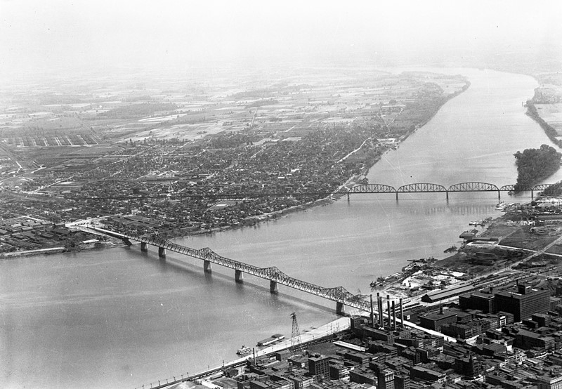 Municipal Bridge (now known as the Second St. Bridge or George Rogers Clark Memorial Bridge), aerial view, including other bridges at Louisville, Kentucky, 1930